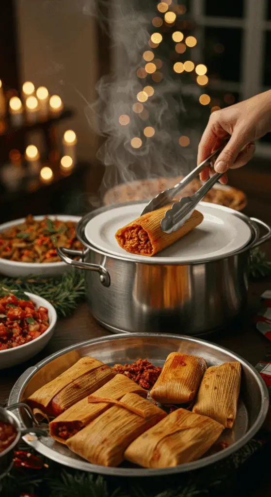 The whole, homemade, festive platter of Red Chile Pork Tamales being served at a fun and festive Christmas dinner.