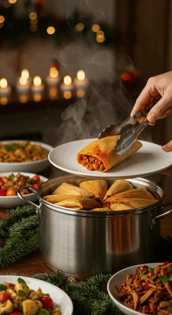 The whole, homemade, festive platter of Red Chile Pork Tamales being served at a fun and festive Christmas dinner.