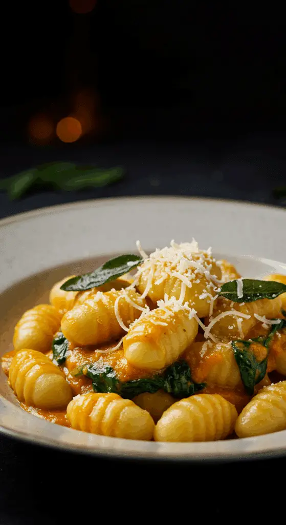A beautiful, elegant bowl of homemade, creamy Pumpkin Gnocchi, with a luscious, vibrant orange pumpkin sauce and garnished with crispy fried sage leaves.