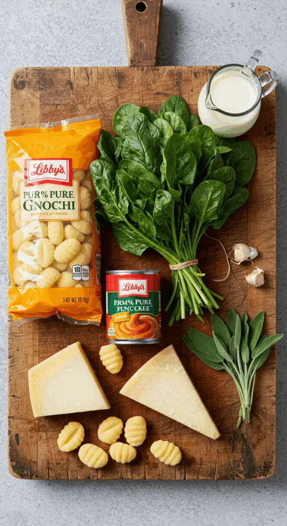 The simple, from-scratch ingredients for the classic and creamy Pumpkin Gnocchi with a sage cream sauce.