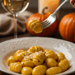 An elegant plate of homemade, creamy Pumpkin Gnocchi being enjoyed for a sophisticated and cozy, candlelit fall dinner.