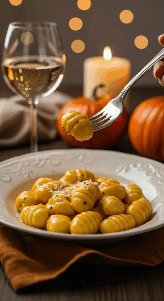 An elegant plate of homemade, creamy Pumpkin Gnocchi being enjoyed for a sophisticated and cozy, candlelit fall dinner.