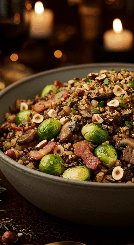 A beautiful, rustic serving bowl of homemade, easy, and savory Wild Rice Stuffing, with bacon, Brussels sprouts, and toasted hazelnuts.