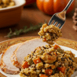 A beautiful plate of a homemade, elegant, and savory Wild Rice Stuffing, being served with a thick slice of a roasted turkey at a Thanksgiving dinner.