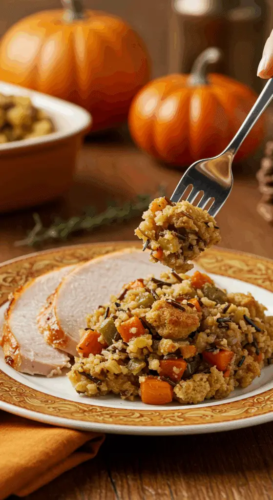 A beautiful plate of a homemade, elegant, and savory Wild Rice Stuffing, being served with a thick slice of a roasted turkey at a Thanksgiving dinner.