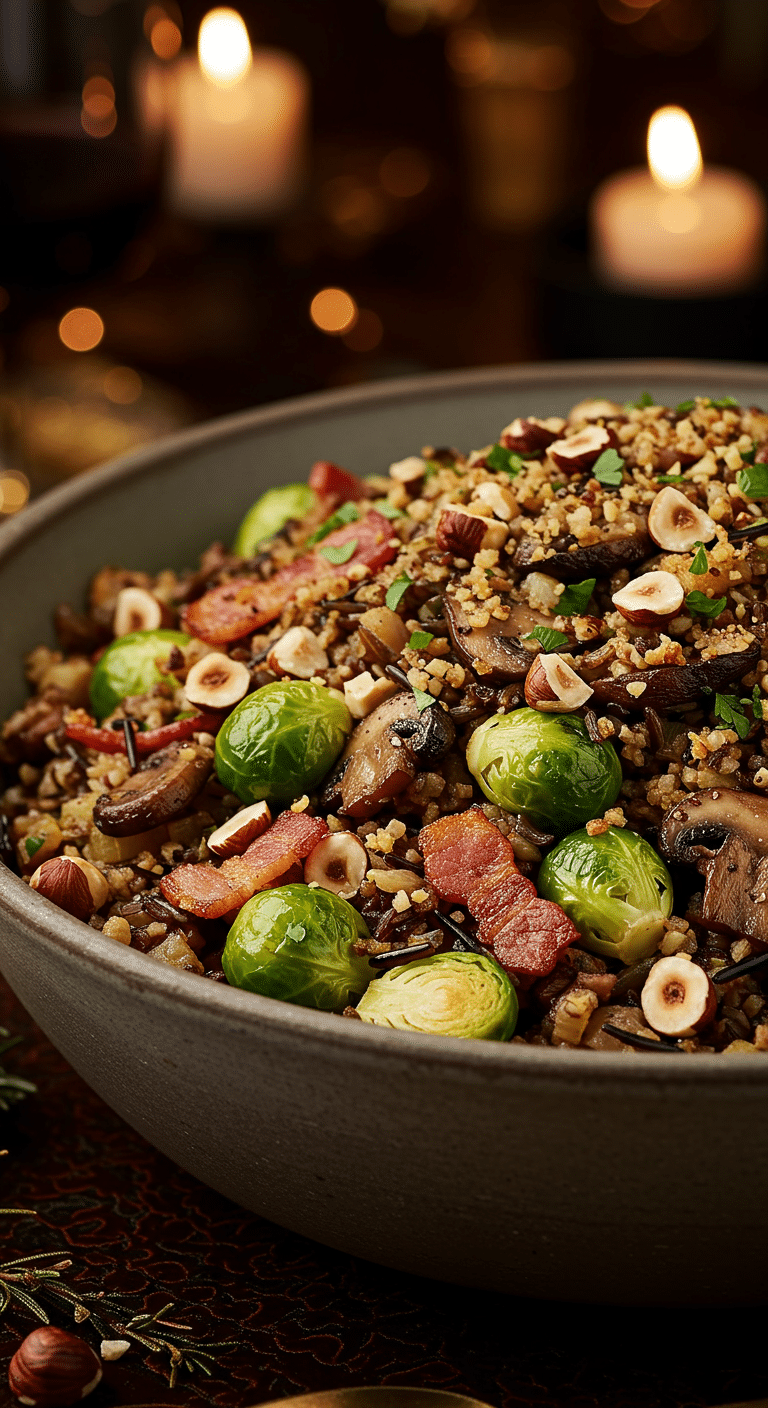 A beautiful, rustic serving bowl of homemade, easy, and savory Wild Rice Stuffing, with bacon, Brussels sprouts, and toasted hazelnuts.