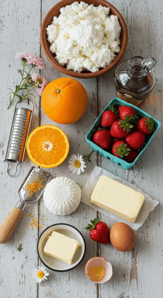 The simple, from-scratch ingredients for the classic and impressive Ricotta Orange Pound Cake with Strawberries.