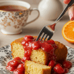 A beautiful plate of a homemade, elegant, and moist slice of a Ricotta Pound Cake, being served with a fresh strawberry topping at a brunch party.