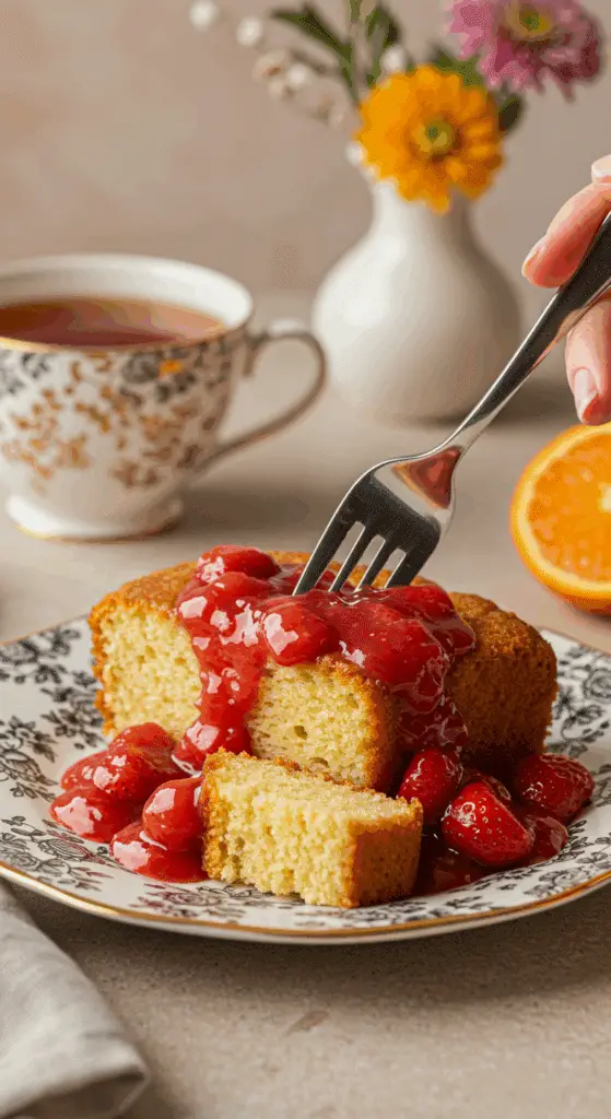 A beautiful plate of a homemade, elegant, and moist slice of a Ricotta Pound Cake, being served with a fresh strawberry topping at a brunch party.