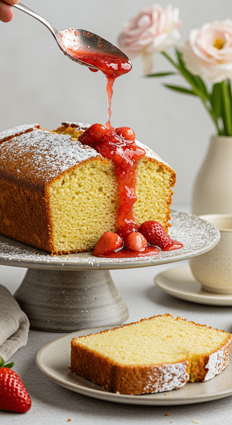 A beautiful, elegant cake stand with a homemade, moist, and golden-brown Ricotta Orange Pound Cake, with a snowy powdered sugar topping and a luscious, fresh strawberry sauce being spooned over a slice.