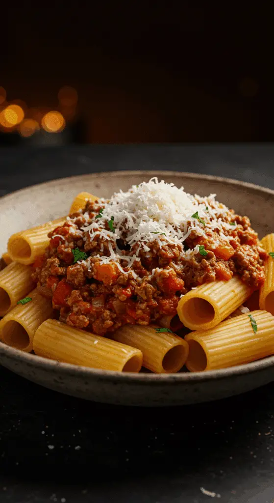 A beautiful, rustic bowl of homemade, hearty Rigatoni Bolognese, with a rich, thick meat sauce and garnished with fresh Parmesan cheese.
