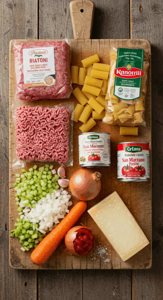 The simple, from-scratch ingredients for the classic and hearty Rigatoni Bolognese recipe.