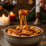 A cozy bowl of homemade, hearty Rigatoni Bolognese being enjoyed for a casual family dinner.
