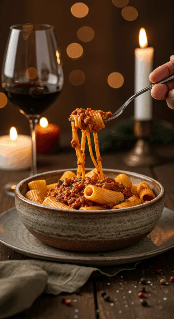 A cozy bowl of homemade, hearty Rigatoni Bolognese being enjoyed for a casual family dinner.