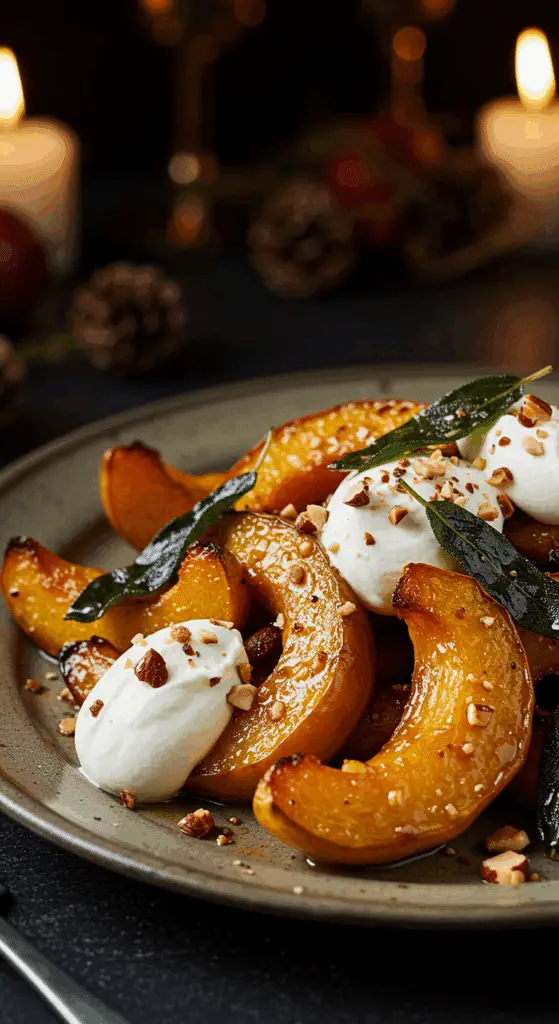 A beautiful, rustic serving platter of homemade, easy, and elegant Roasted Acorn Squash Agrodolce, with a glossy brown butter vinaigrette, dollops of mascarpone, and crispy fried sage.