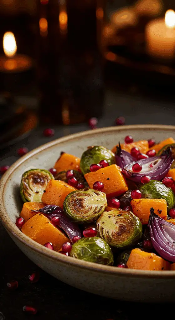 A beautiful, rustic serving bowl of homemade, easy, and elegant Roasted Brussels Sprouts and Butternut Squash, with a glossy pomegranate glaze and fresh pomegranate seeds.