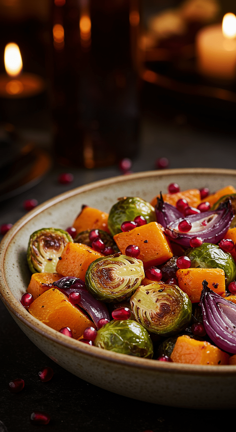 A beautiful, rustic serving bowl of homemade, easy, and elegant Roasted Brussels Sprouts and Butternut Squash, with a glossy pomegranate glaze and fresh pomegranate seeds.