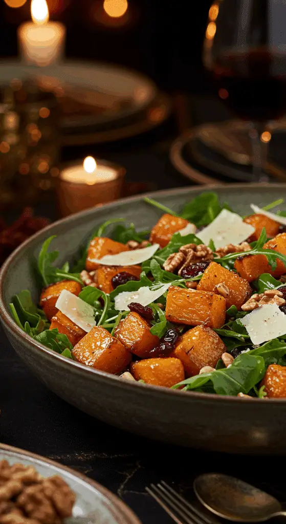 A beautiful, rustic serving bowl of homemade, easy, and elegant Roasted Butternut Squash Salad, with caramelized squash, arugula, cranberries, and a warm cider vinaigrette.