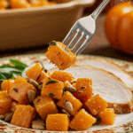 A beautiful plate of a homemade, elegant, and vibrant Roasted Butternut Squash Salad, being served with a thick slice of a roasted turkey at a Thanksgiving dinner.