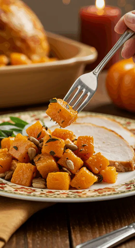 A beautiful plate of a homemade, elegant, and vibrant Roasted Butternut Squash Salad, being served with a thick slice of a roasted turkey at a Thanksgiving dinner.