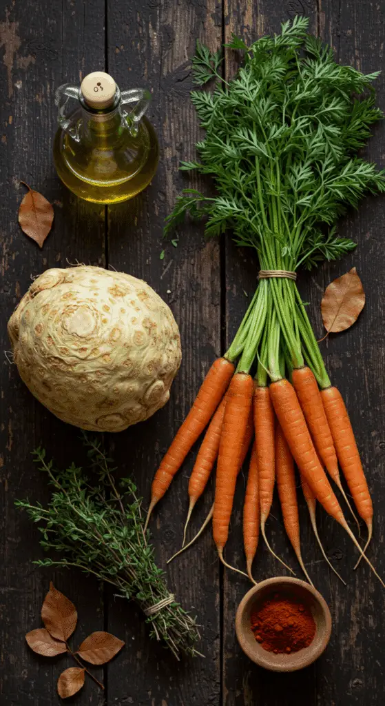 The simple, from-scratch ingredients for the classic and impressive Holiday Roasted Celery Root and Carrots.