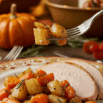 A beautiful plate of a homemade, elegant, and caramelized Roasted Celery Root and Carrots, being served with a thick slice of a roasted turkey at a Thanksgiving dinner.