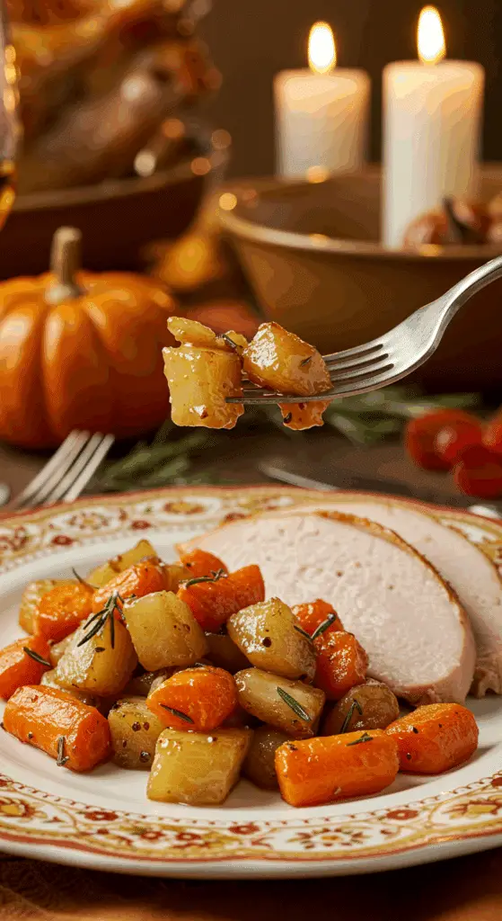 A beautiful plate of a homemade, elegant, and caramelized Roasted Celery Root and Carrots, being served with a thick slice of a roasted turkey at a Thanksgiving dinner.