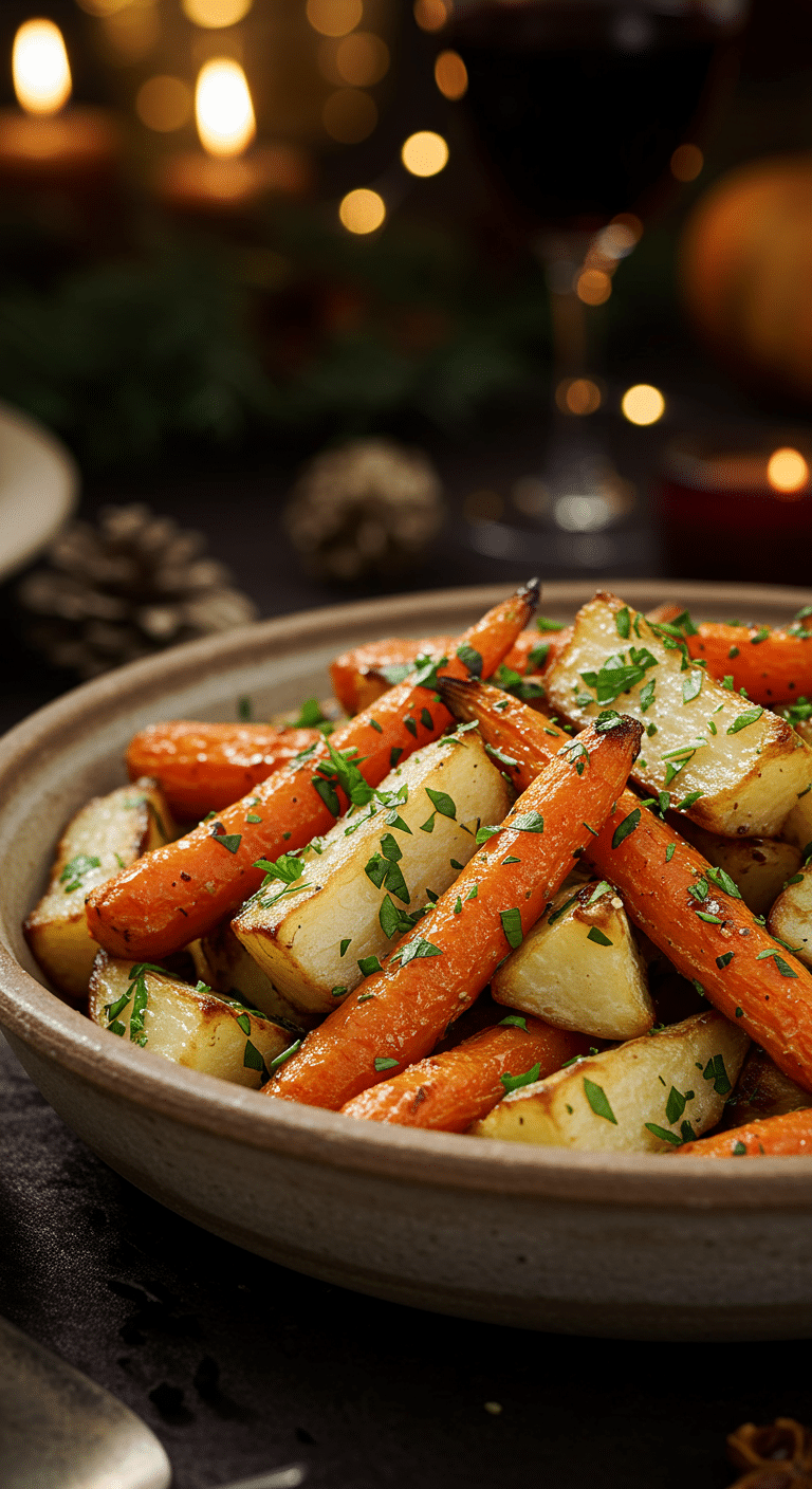 A beautiful, rustic serving bowl of homemade, easy, and elegant Roasted Celery Root and Carrots, with beautiful, caramelized edges and fresh parsley.