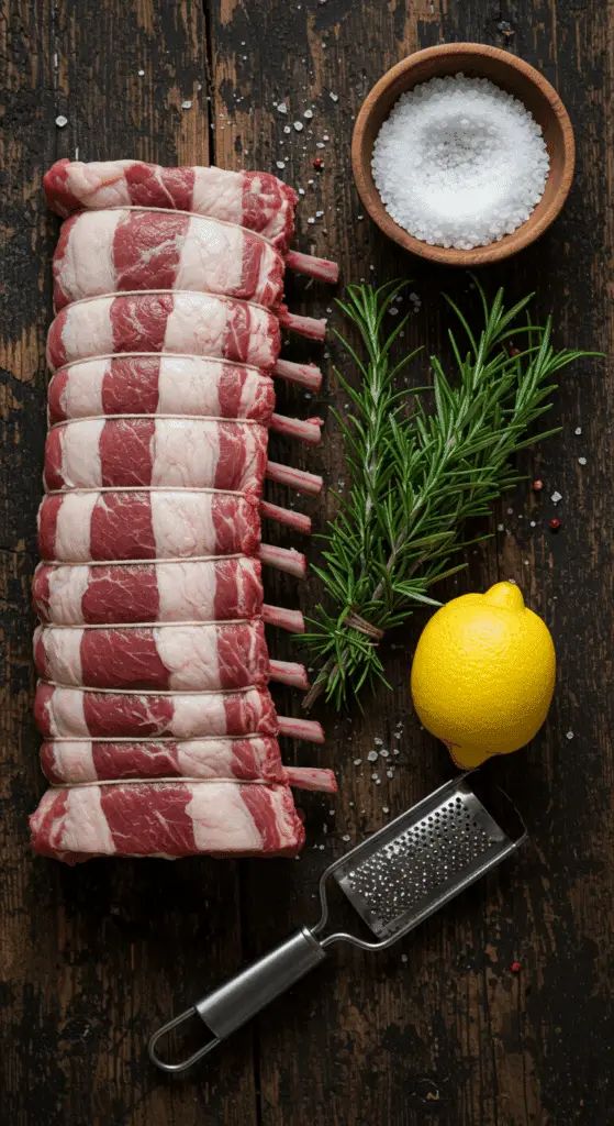 The simple, from-scratch ingredients for the classic and impressive Holiday Roasted Rack of Lamb.