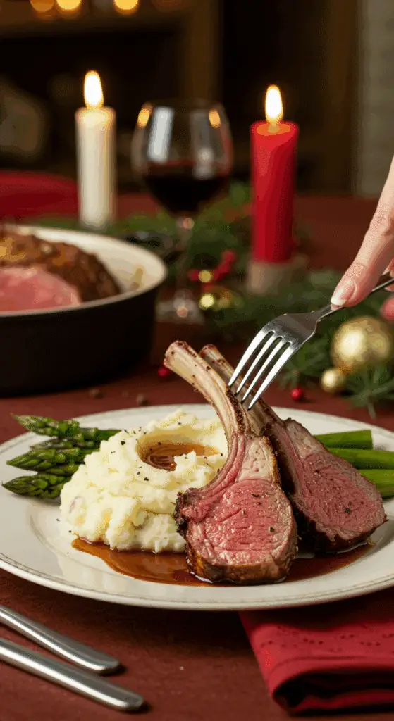 A beautiful plate of a homemade, thick, and juicy Roasted Rack of Lamb, being served with creamy mashed potatoes and roasted asparagus at a Christmas dinner.