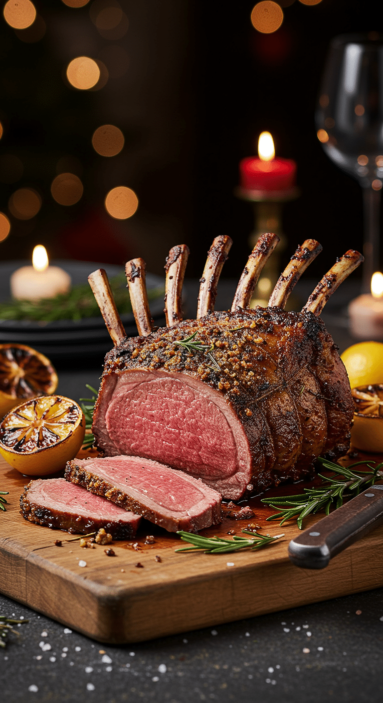 A beautiful, rustic cutting board with a homemade, juicy, and impressive Holiday Roasted Rack of Lamb, with a crispy, dark crust and a perfect, rosy-pink, medium-rare interior.