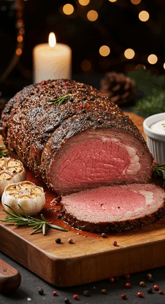 A beautiful, rustic cutting board with a homemade, juicy, and impressive Christmas Prime Rib, with a crispy, dark rosemary-peppercorn crust and a perfect, rosy-pink, medium-rare interior.