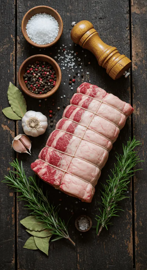 The simple, from-scratch ingredients for the classic and impressive Holiday Rosemary-Salted Standing Rib Roast.