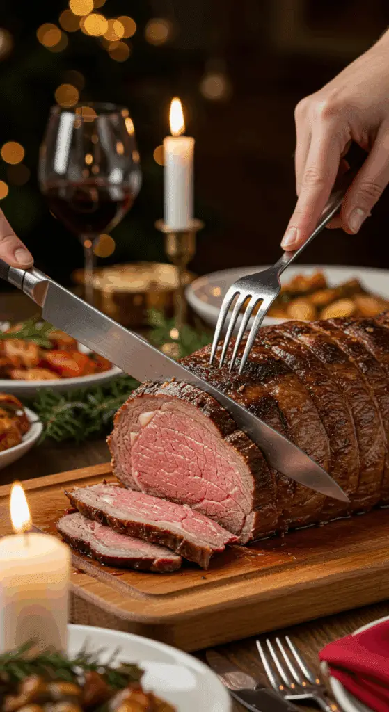 The whole, homemade, impressive, and crusted Prime Rib being carved as the centerpiece at a fun and sophisticated Christmas party.