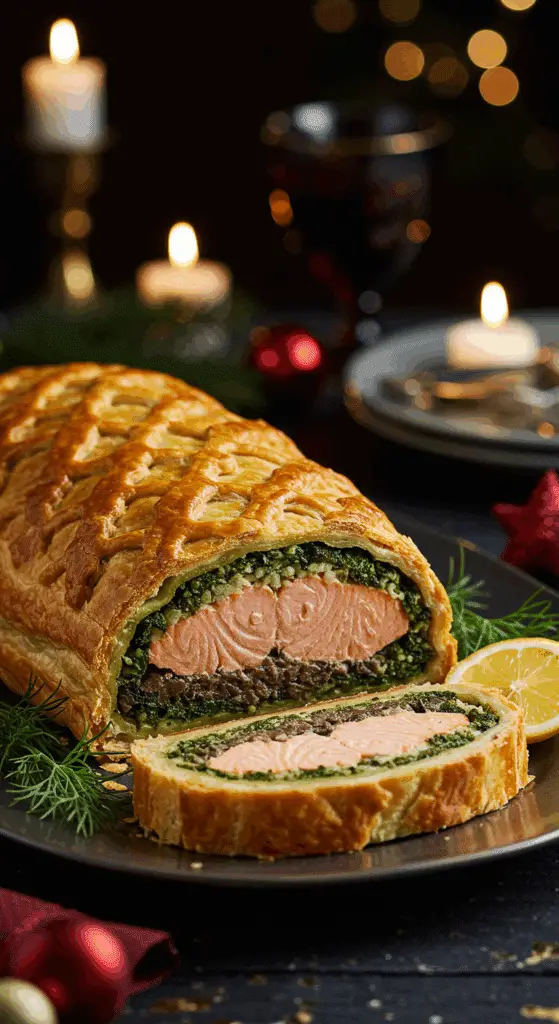 A beautiful, elegant platter with a homemade, impressive Holiday Salmon en Croûte, with a golden, flaky puff pastry crust and a perfect, layered slice cut from the end.