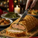 The whole, homemade, impressive, and golden Salmon en Croûte being carved as the centerpiece at a fun and sophisticated Christmas party.