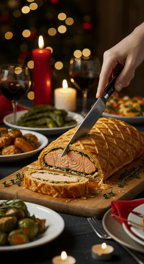 The whole, homemade, impressive, and golden Salmon en Croûte being carved as the centerpiece at a fun and sophisticated Christmas party.