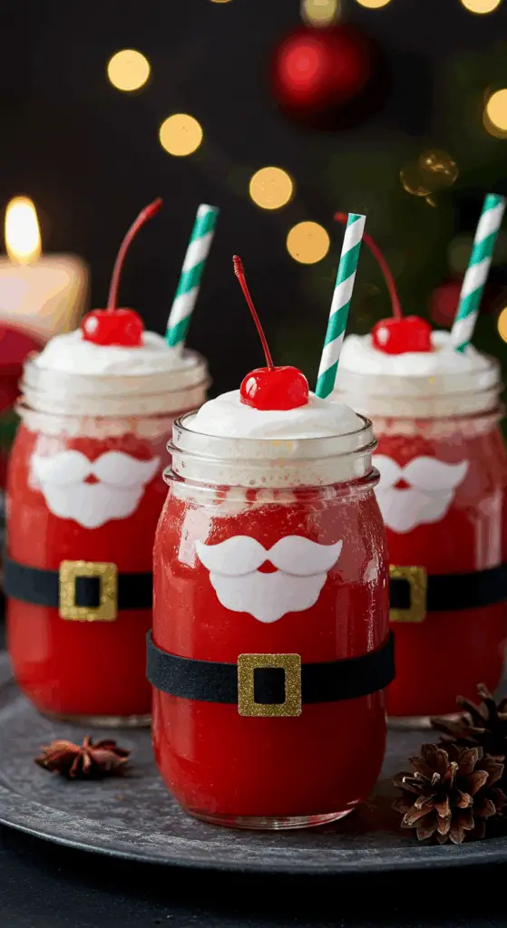 A beautiful, rustic platter of homemade, cute, and festive Santa Claus Punch, with a red punch served in a mason jar decorated with a felt belt and beard.