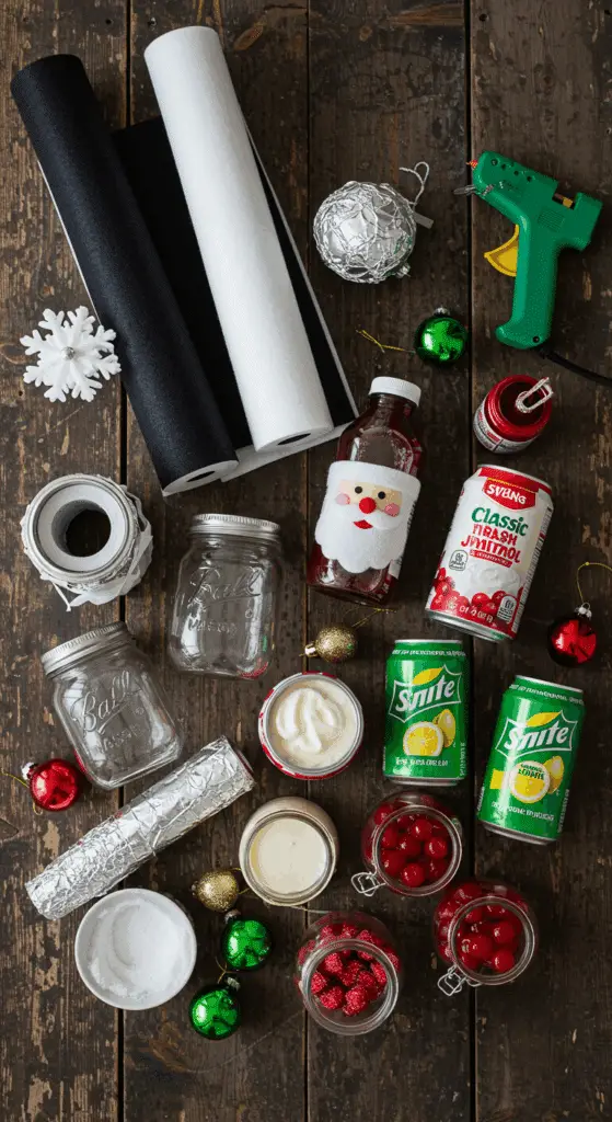 The simple, from-scratch ingredients and craft supplies for the easy and festive Santa Claus Punch.