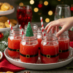 A large platter of homemade, cute, and festive Santa Claus Punch jars being served at a fun and casual Christmas party.