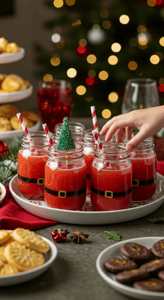 A large platter of homemade, cute, and festive Santa Claus Punch jars being served at a fun and casual Christmas party.