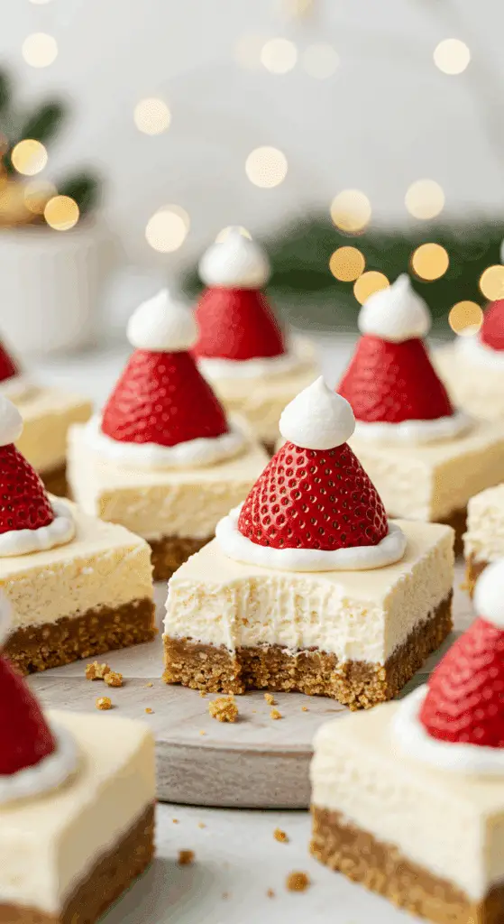 A beautiful, rustic platter of homemade, festive, and cute No-Bake Santa Hat Cheesecake Bars, with a crispy treat crust, a creamy cheesecake filling, and a strawberry Santa hat.