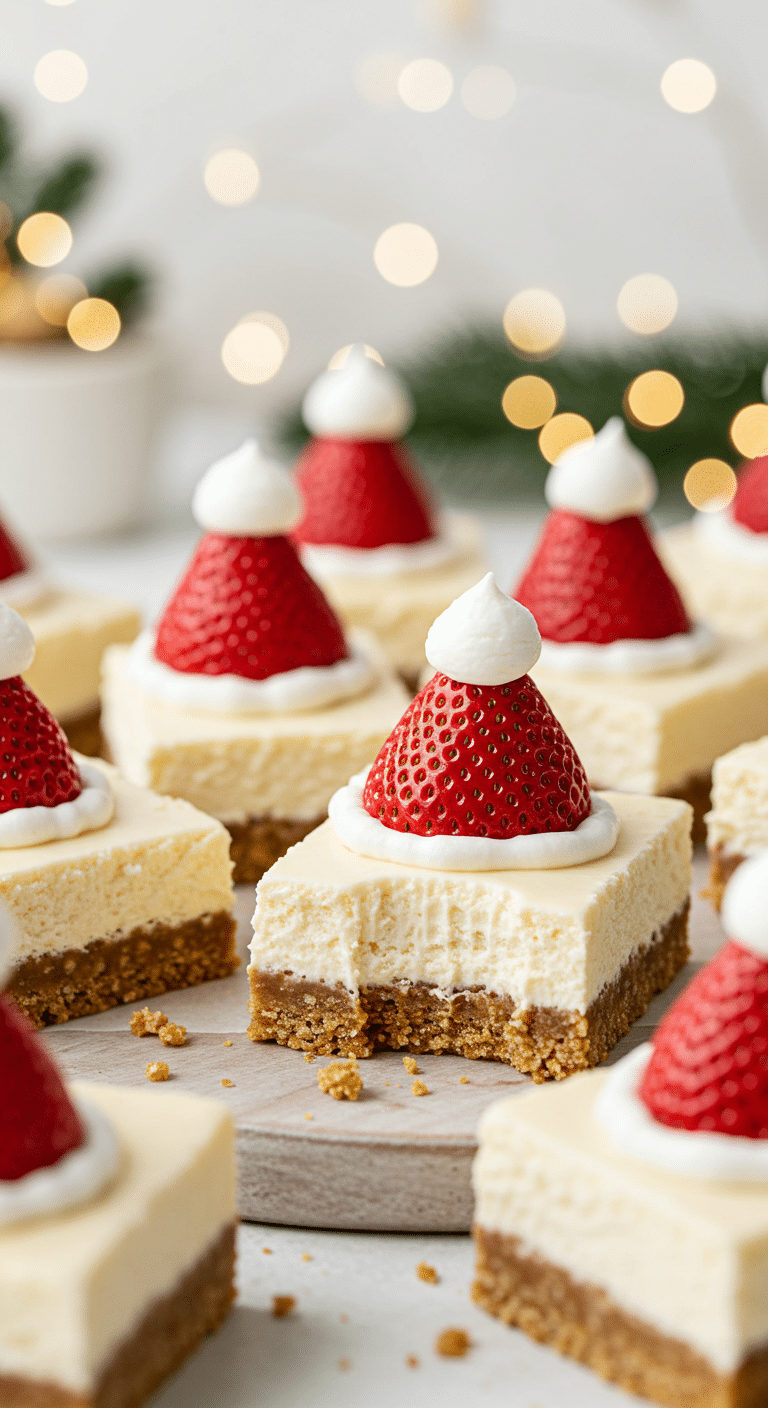 A beautiful, rustic platter of homemade, festive, and cute No-Bake Santa Hat Cheesecake Bars, with a crispy treat crust, a creamy cheesecake filling, and a strawberry Santa hat.