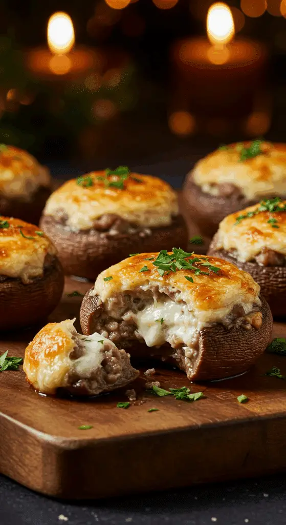 A beautiful, rustic platter of homemade, easy, and elegant Sausage-Stuffed Mushrooms, with a golden-brown, bubbly mascarpone and sausage filling.