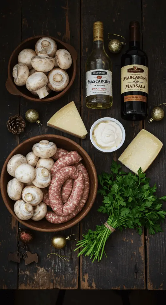 The simple, from-scratch ingredients for the classic and impressive Holiday Sausage-Stuffed Mushrooms.