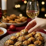 The impressive, homemade platter of crispy and creamy Sausage-Stuffed Mushrooms being served as the centerpiece at a sophisticated holiday party.