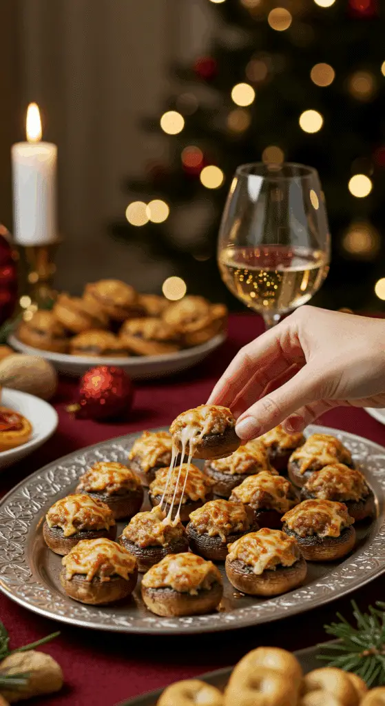 The impressive, homemade platter of crispy and creamy Sausage-Stuffed Mushrooms being served as the centerpiece at a sophisticated holiday party.