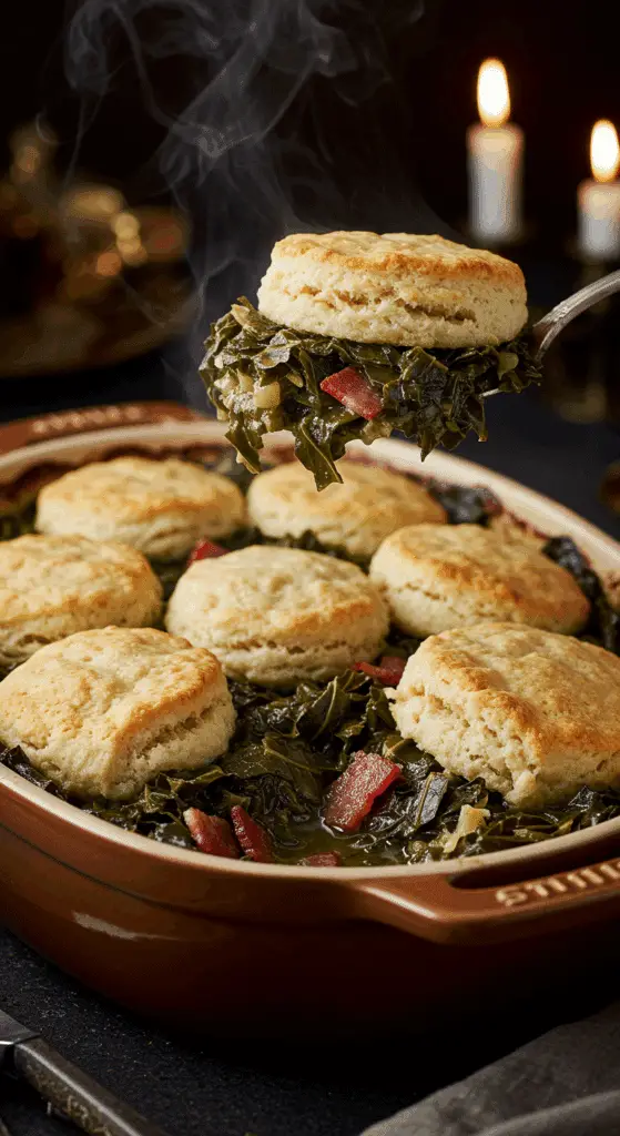 A beautiful, rustic oval baking dish of a homemade, golden-brown Savory Collard Green Cobbler, with a creamy, and hearty scoop being lifted out.