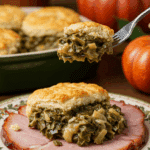 A beautiful plate of a homemade, elegant, and biscuit-topped Collard Green Cobbler, being served with a thick slice of a glazed ham at a holiday dinner.