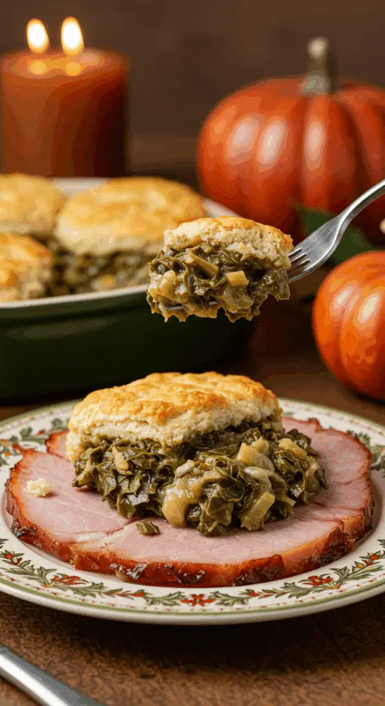 A beautiful plate of a homemade, elegant, and biscuit-topped Collard Green Cobbler, being served with a thick slice of a glazed ham at a holiday dinner.